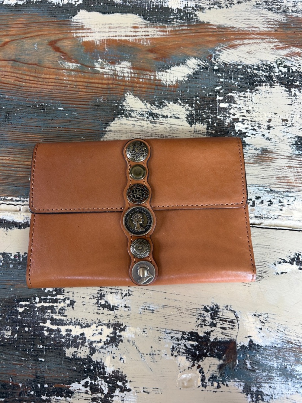 Patricia Nash Tan Leather Clutch with Decorative Concho Trim